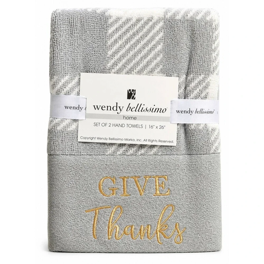 Thanksgiving Buffalo Check Hand Towels Set of 2 Give Thanks Embroidered Gray Gol